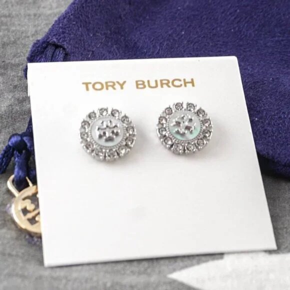 NEW Tory Burch Kira Crystal Stud Earrings in Antique Pewter - Includes Dust Bag - Picture 1 of 4